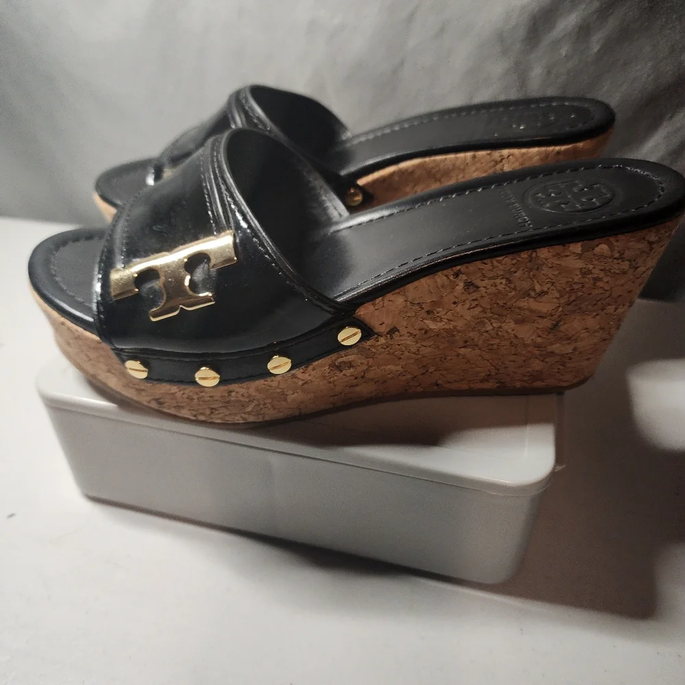 Tory Burch Black and Gold Wedge Sandals - Picture 3 of 6